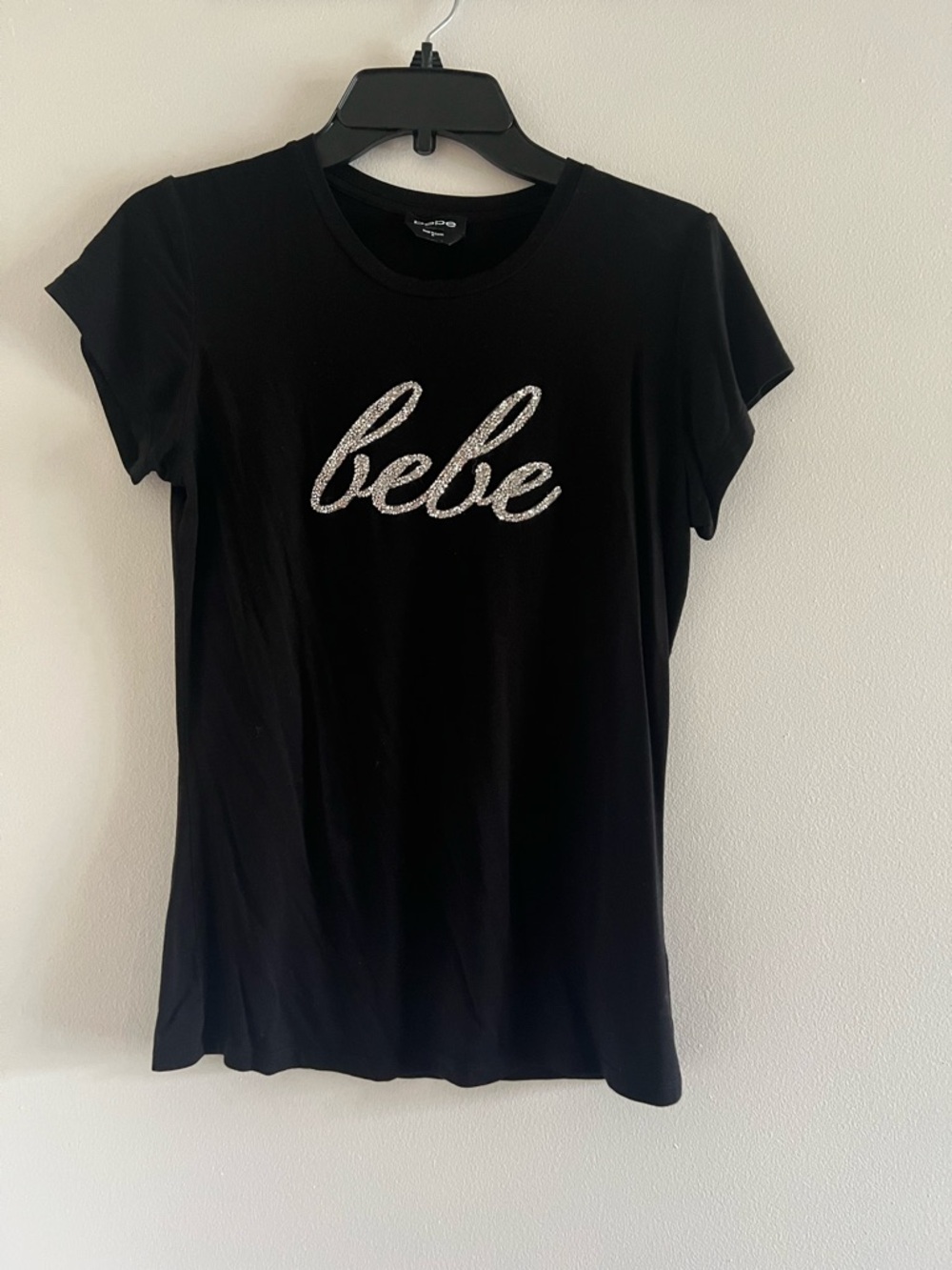 bebe Black Tee with Silver Rhinestone Logo